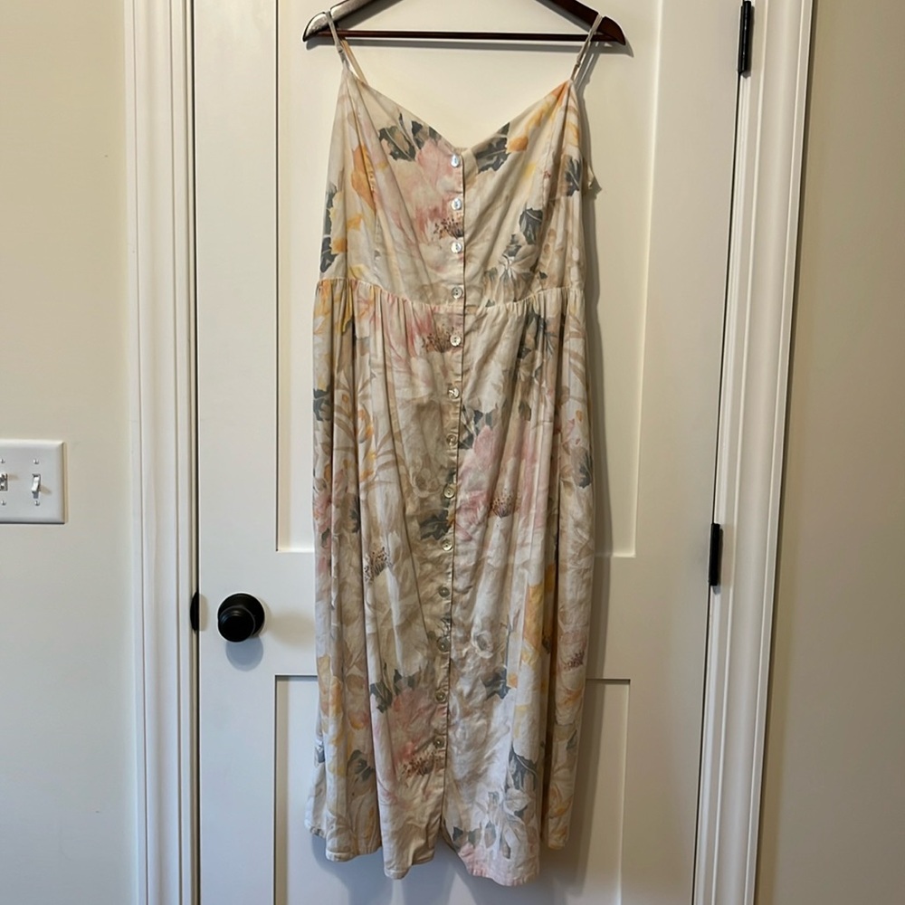 Floral Linen Cotton Midi Dress with Buttons